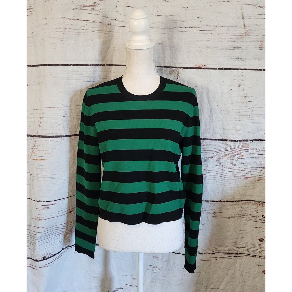 Veronica Beard Green Black Striped Crew Neck Sweater Size Medium